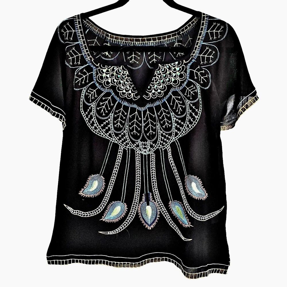 Mushka‎ By Sienna Rose Sz M Embroidered Black Loose Fit Boho Festival Top Blouse